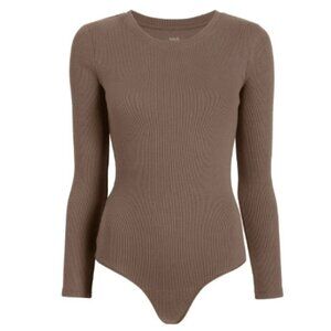 Nuuds Ribbed Mocha Long Sleeve Bodysuit Size Small Casual Fitted Preowned